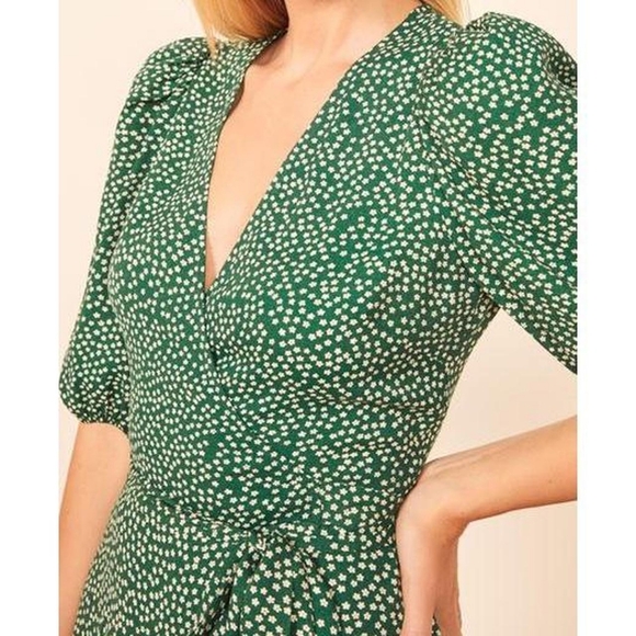 Reformation Christa puff sleeve wrap dress green floral small - Picture 4 of 9